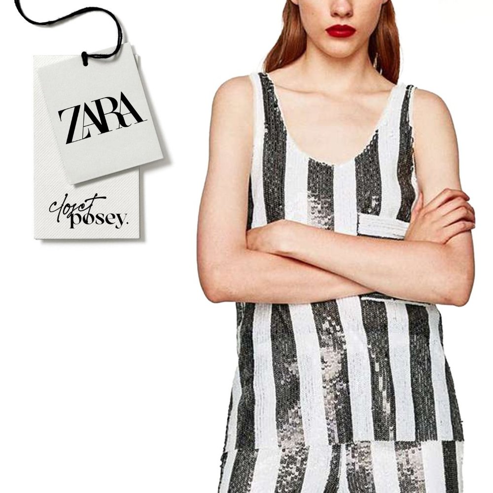 NWT . zara . sequin top. black & white . medium